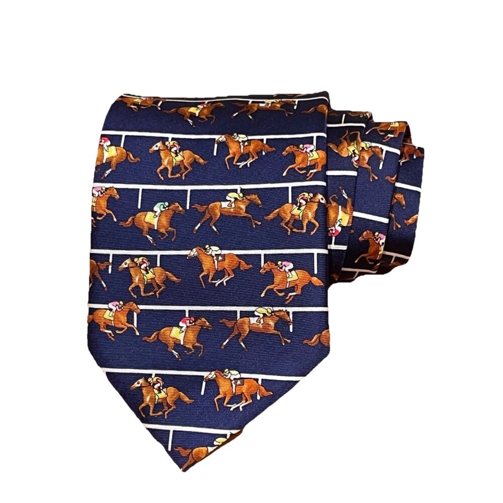 Alynn Neckwear Silk Neck Tie “At The Rail” Horse Racing, Navy, Made In USA Derby